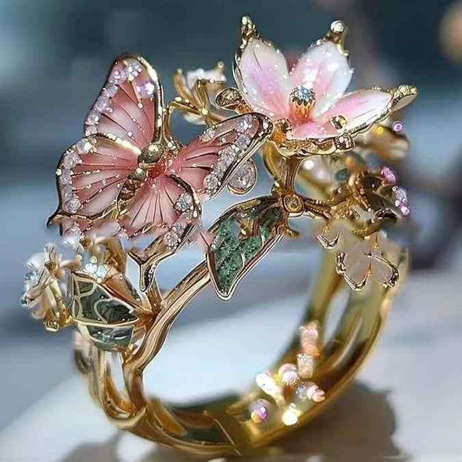 Brimhaven vintage zlatý květinový prsten – elegantní motýl a romantický květinový design, dokonalý vánoční dárek.🌸💎