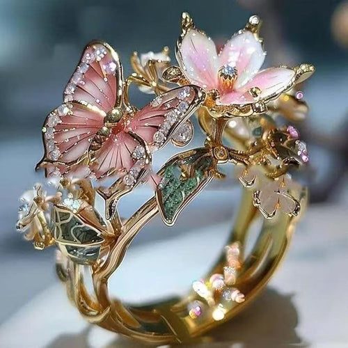 Brimhaven vintage zlatý květinový prsten – elegantní motýl a romantický květinový design, dokonalý vánoční dárek.🌸💎